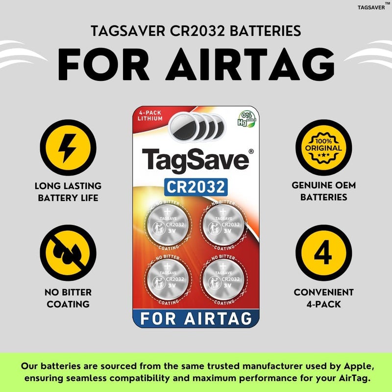 TagSaver Replacement Batteries for Apple AirTag, Perfectly Fits AirTag, No Bitter Coating, OEM CR2032 Battery (Pack of 4) - Image 3